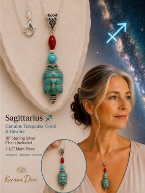 Turquoise Buddha Pendant Necklace with Red Coral Accent